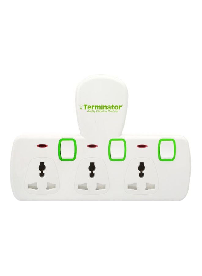 Terminator 3 Way Universal T-Socket Multi Adaptor With Individual Switches White/Green 27cm  - Image 1