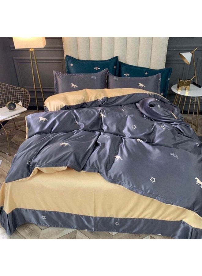 4-Piece Printed Bedding Set Silk Blue/Yellow 