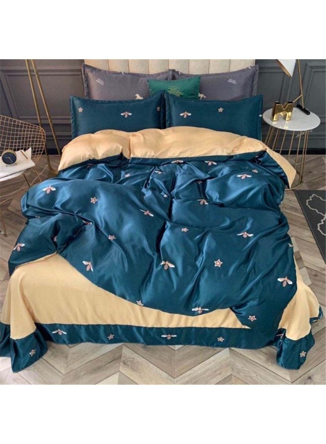 4-Piece Printed Bedding Set Silk Blue/Beige 