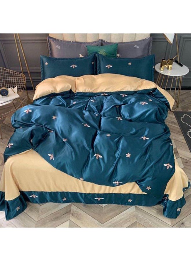 4-Piece Printed Bedding Set Silk Blue/Beige 
