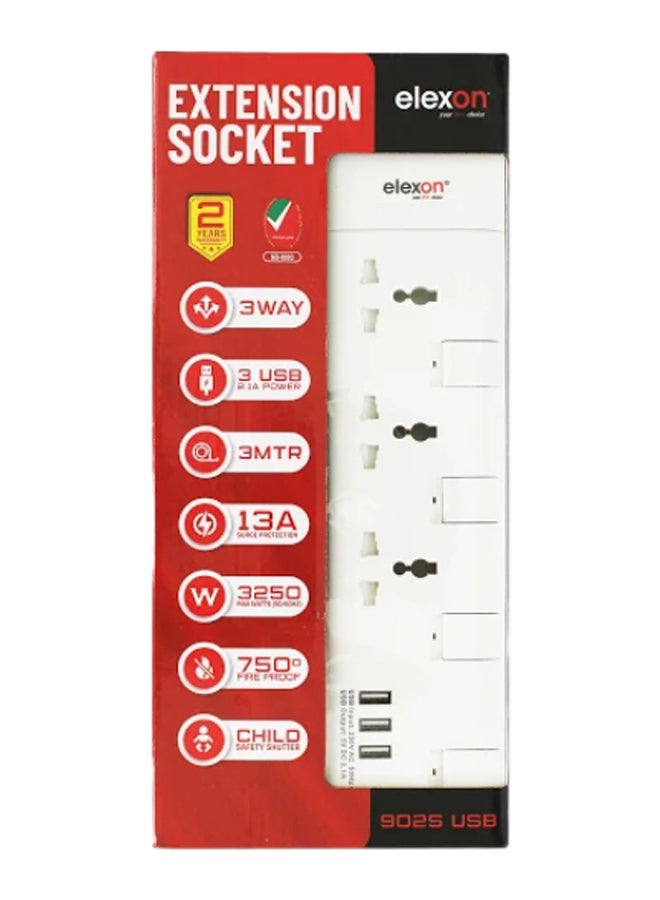 elexon - 3-USB Port Power Extension Socket White 2meter - Image 1