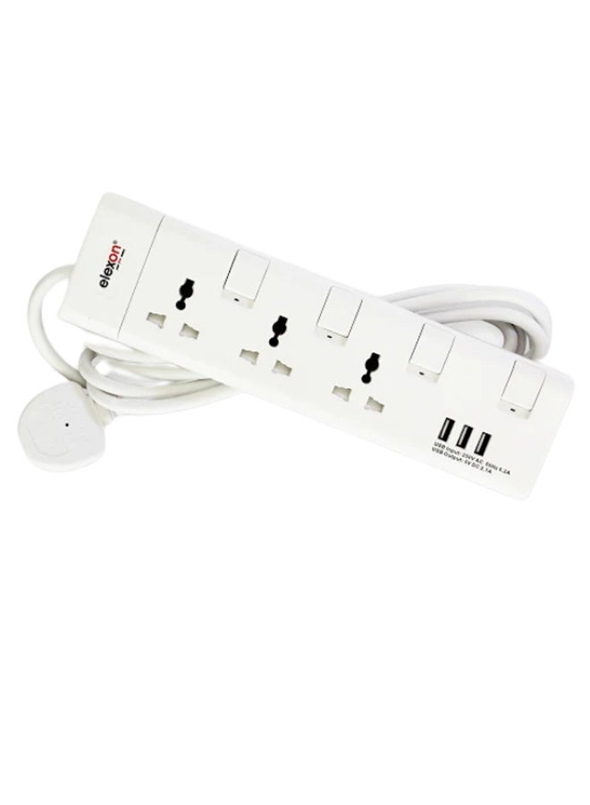 elexon - 3-USB Port Power Extension Socket White 2meter - Image 1