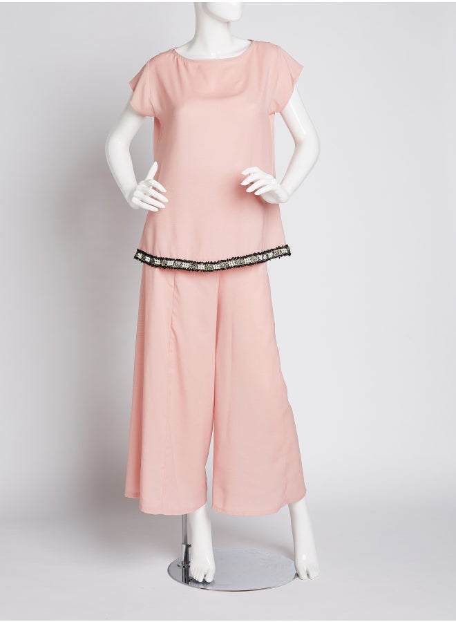 Ibriz Couture - Trendy Embroidered Abaya With Jumpsuit Nude - Image 1