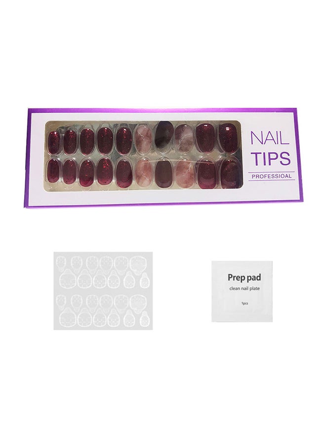 مجموعة أطراف أظافر صناعية قصيرة طبيعية مكونة من 20 قطعة نبيذ أحمر - Image 1