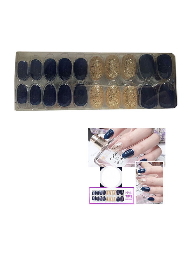 20 Piece Fake Press On Nails Blue/Gold - Image 1