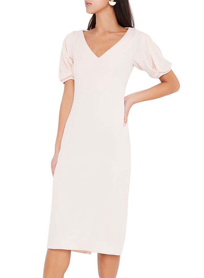 Stock V-Neck Puffy Sleeves Midi Dress Peach  - Image 1