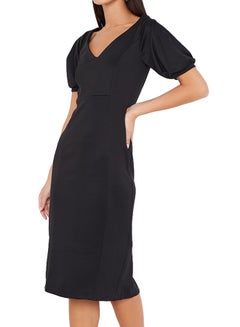 Stock V-Neck Puffy Sleeves Midi Dress Black  - Image 1