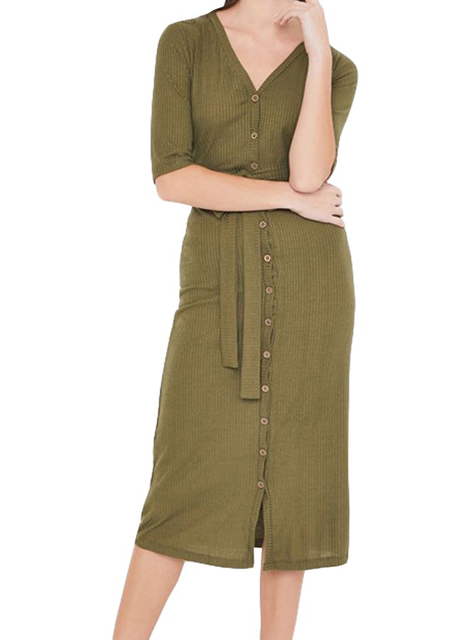Stock - Knit Belted Short Sleeve Dress Olive - Image 1