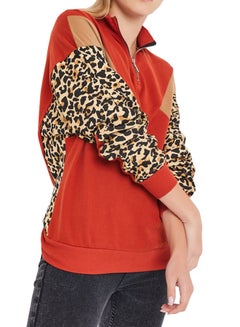 High Streets Zipper Detailed Leopard Print Sweatshirt Multicolour  - Image 1