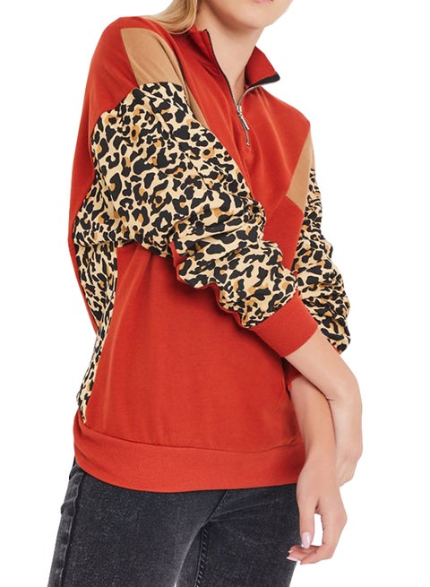 Zipper Detailed Leopard Print Sweatshirt Multicolour