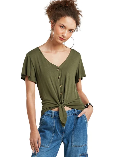 ONLY Front Tie Flutter Sleeve T-Shirt Kalamata