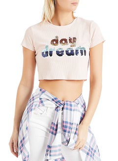 ONLY Sequin Slogan Crop Top Pink  - Image 1