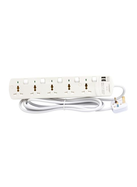 5-Way Universal Power Extension Socket With 2 USB Port White 35x5x12cm