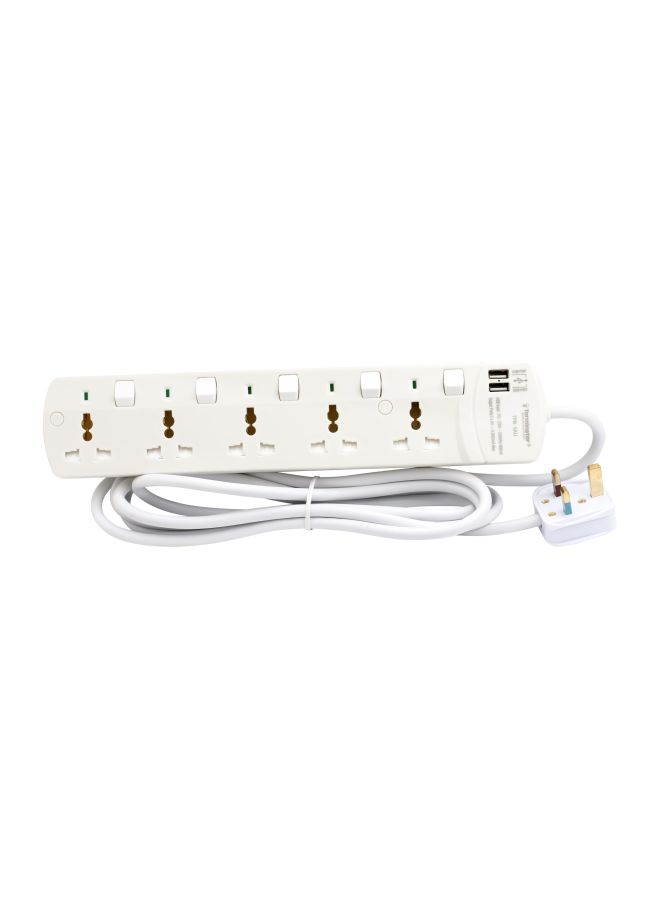 Terminator - 5-Way Universal Power Extension Socket With 2 USB Port White 35x5x12cm - Image 1
