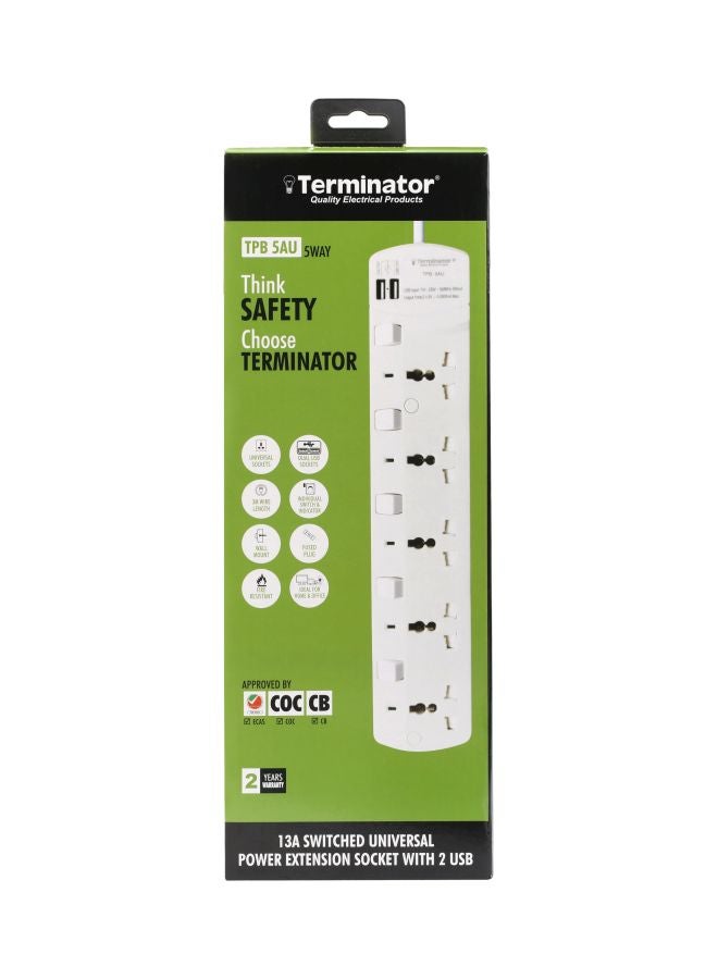 Terminator - 5-Way Universal Power Extension Socket With 2 USB Port White 35x5x12cm - Image 1