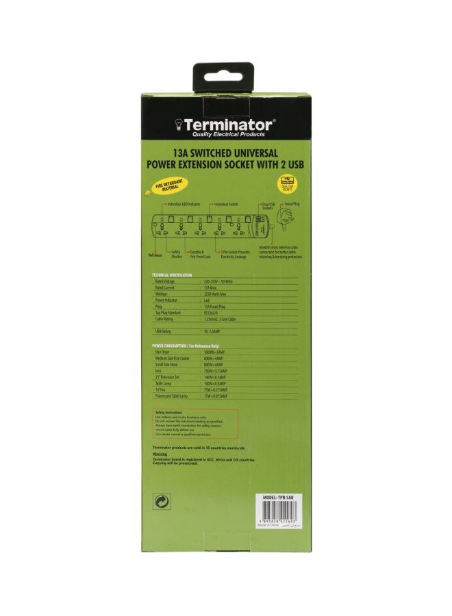 Terminator - 5-Way Universal Power Extension Socket With 2 USB Port White 35x5x12cm - Image 1