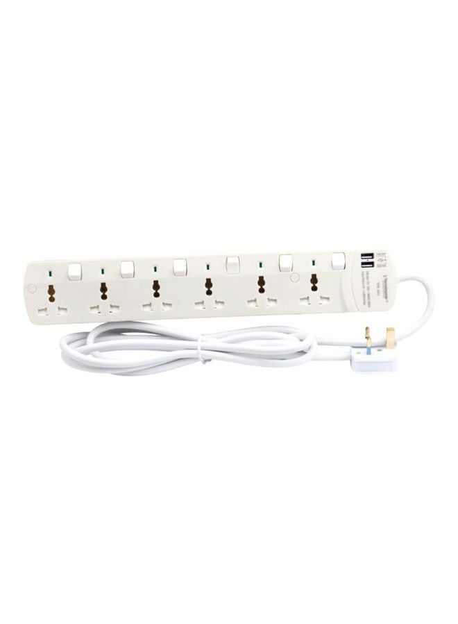 Terminator - 6-Way Universal Power Extension Socket With 2 USB Port White 40x5x13cm - Image 1