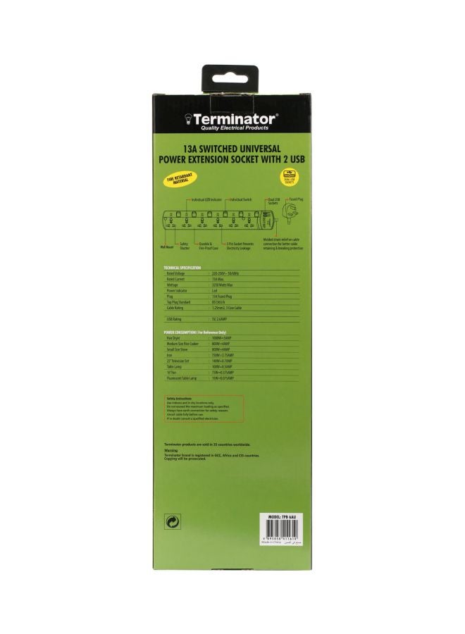 Terminator - 6-Way Universal Power Extension Socket With 2 USB Port White 40x5x13cm - Image 1