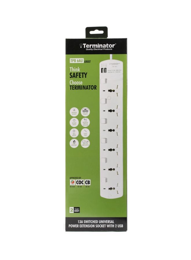 Terminator - 6-Way Universal Power Extension Socket With 2 USB Port White 40x5x13cm - Image 1