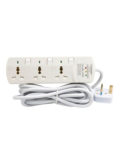 Surge Protection 3 Way Universal Power Extension Socket With Individual Switches & Indicators 3M 13A White 24x5x13cm