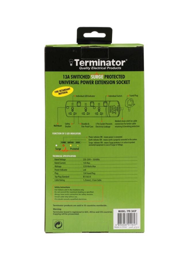 Terminator Surge Protection 3 Way Universal Power Extension Socket With Individual Switches & Indicators 3M 13A White 24x5x13cm  - Image 3