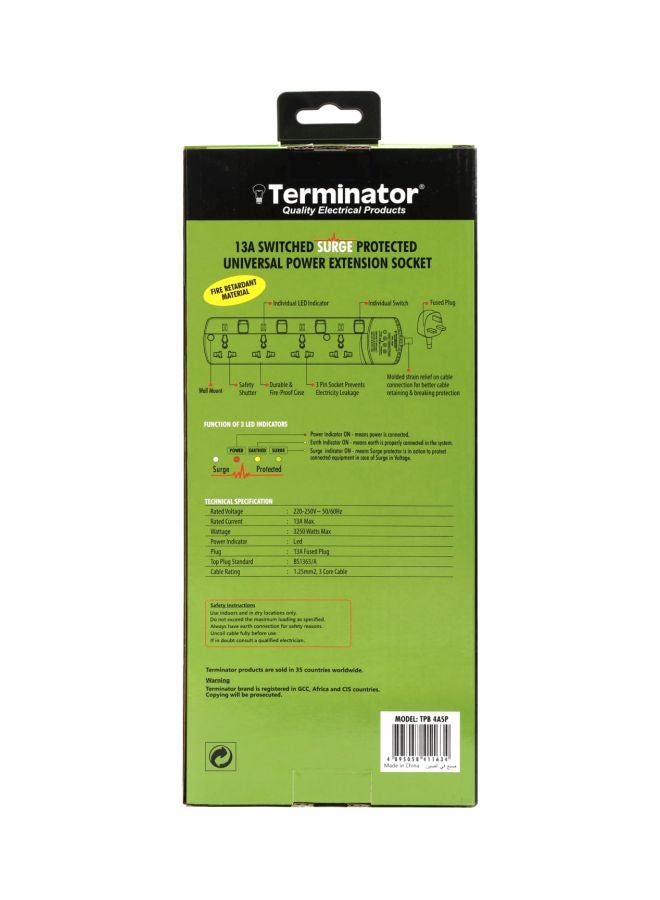Terminator - Surge Protection 4 Way Universal Power Extension Socket With Individual Switches & Indicators 3M 13A White 30x5x13cm - Image 1