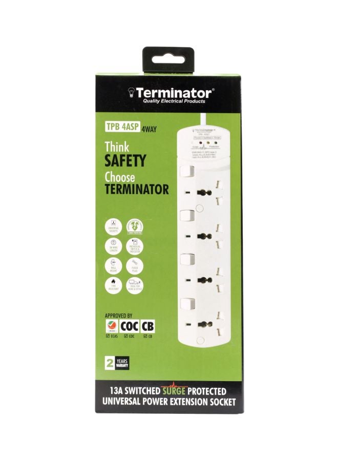Terminator - Surge Protection 4 Way Universal Power Extension Socket With Individual Switches & Indicators 3M 13A White 30x5x13cm - Image 1