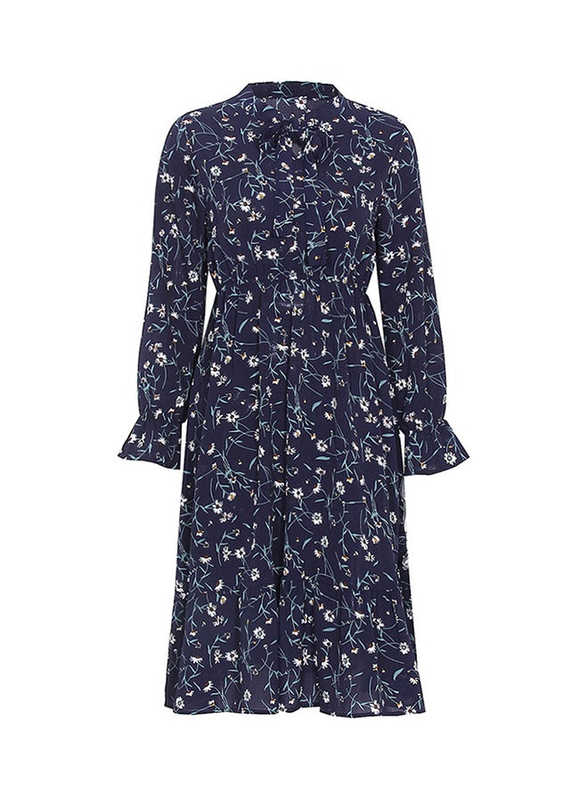 Floral Printed Elastic Waist Midi Dress Dark Blue/White - Image 1