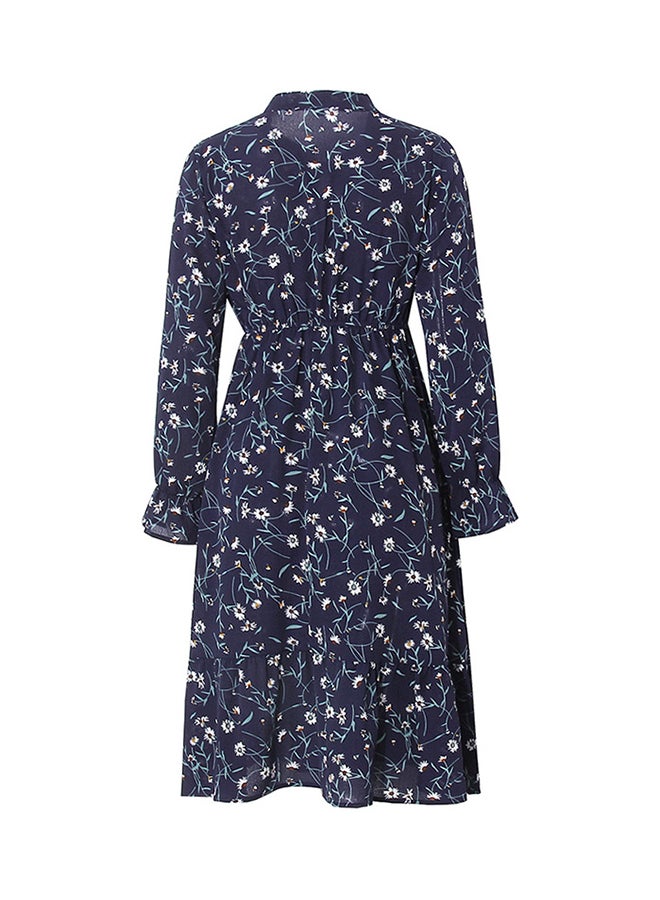 Floral Printed Elastic Waist Midi Dress Dark Blue/White - Image 2