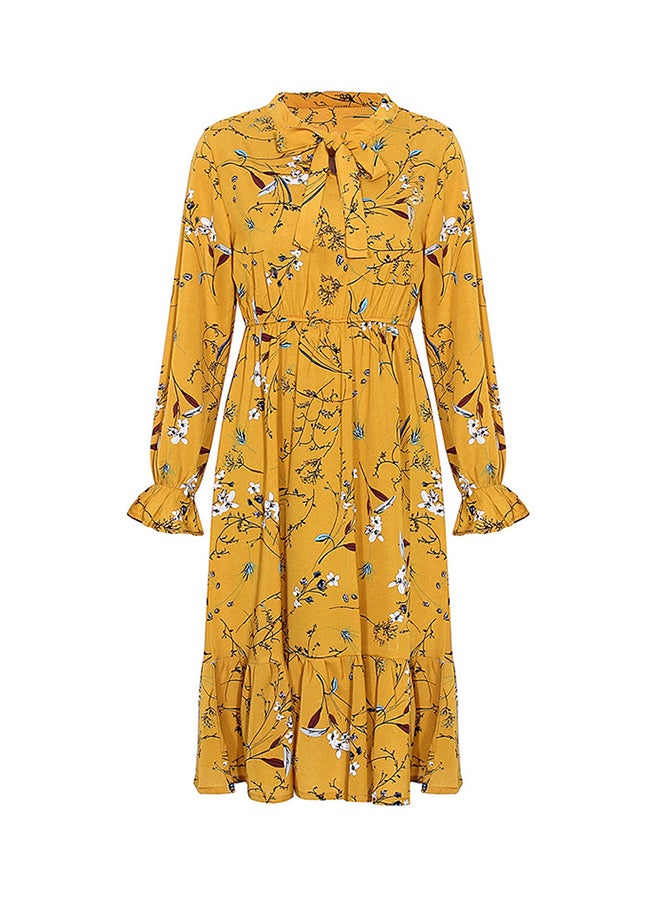 Floral Printed Elastic Waist Midi Dress Yellow/Green - Image 1