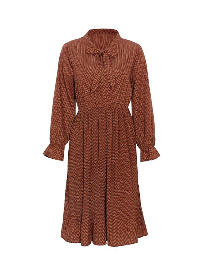 Geometric Printed Elastic Waist Dress Coffee - Image 1