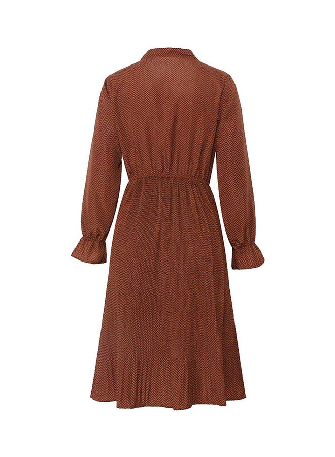 Geometric Printed Elastic Waist Dress Coffee - Image 2