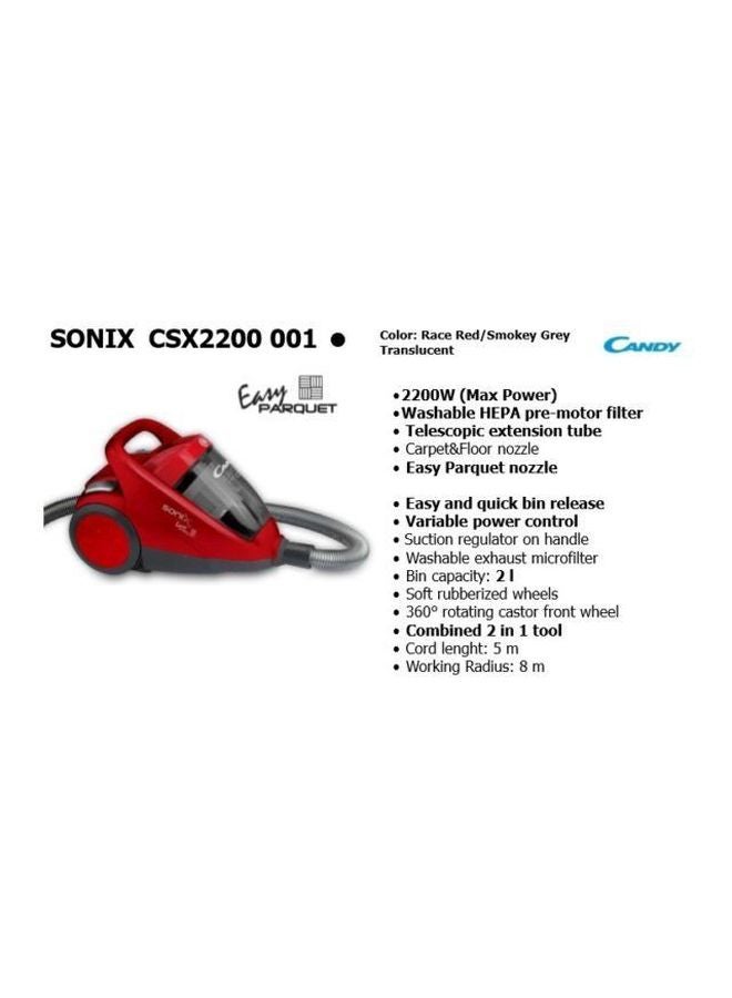 CANDY Sonix Canister Vacuum Cleaner 2200W 2 L 2200 W CSX2200 001 Red/Grey/Black - Image 3