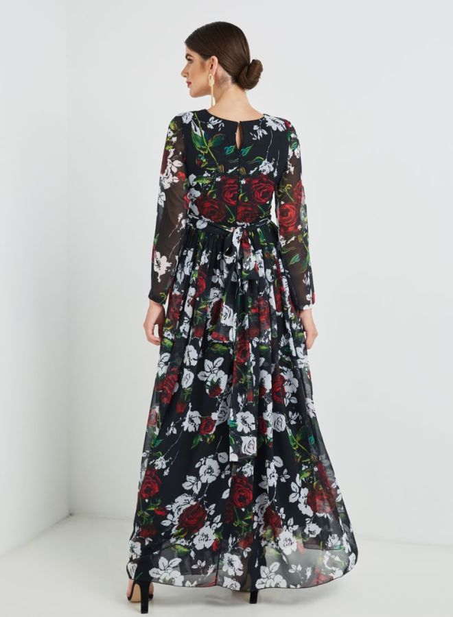 زينة فاشون فستان طويل مطبوع عليه نقشة الزهور أسود / أبيض / أحمر - Image 4