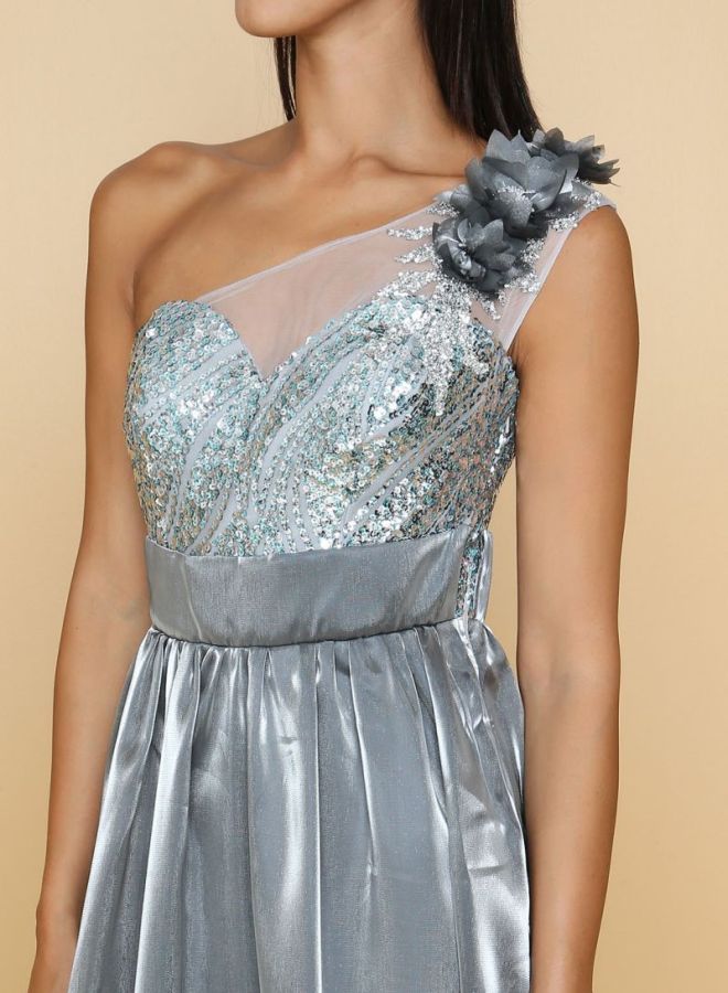 ARIA - Sequined One Shoulder Dress Grey - Image 1