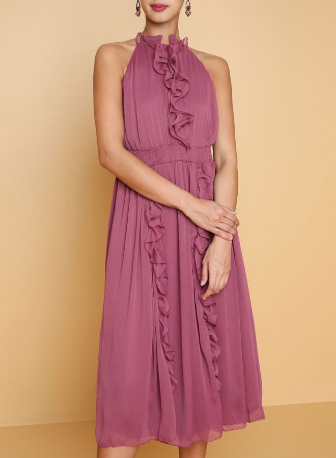 أريا فستان مصنوع من البوليستر بتفاصيل مكشكشة وردي - Image 1