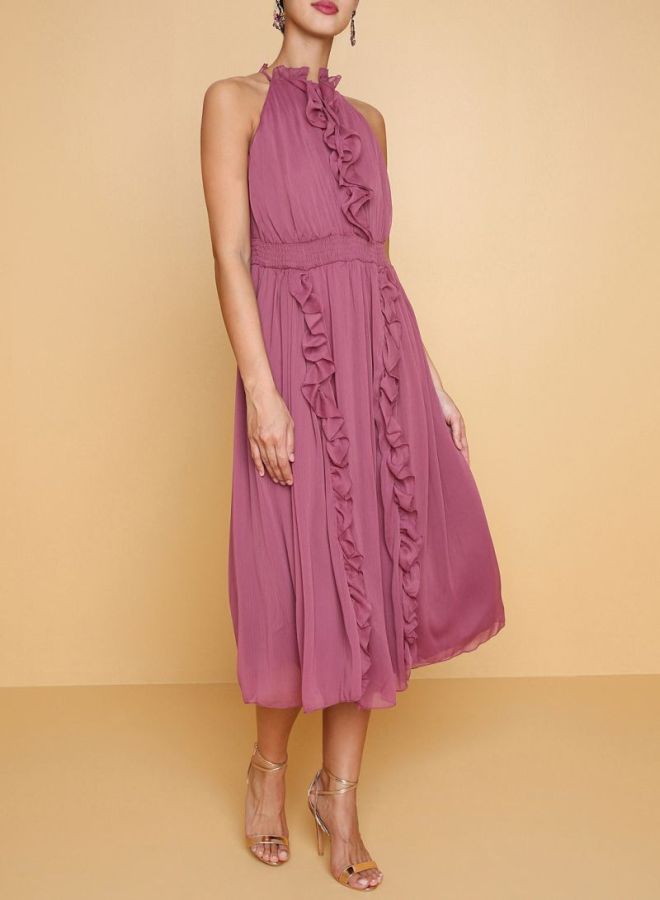 أريا فستان مصنوع من البوليستر بتفاصيل مكشكشة وردي - Image 3