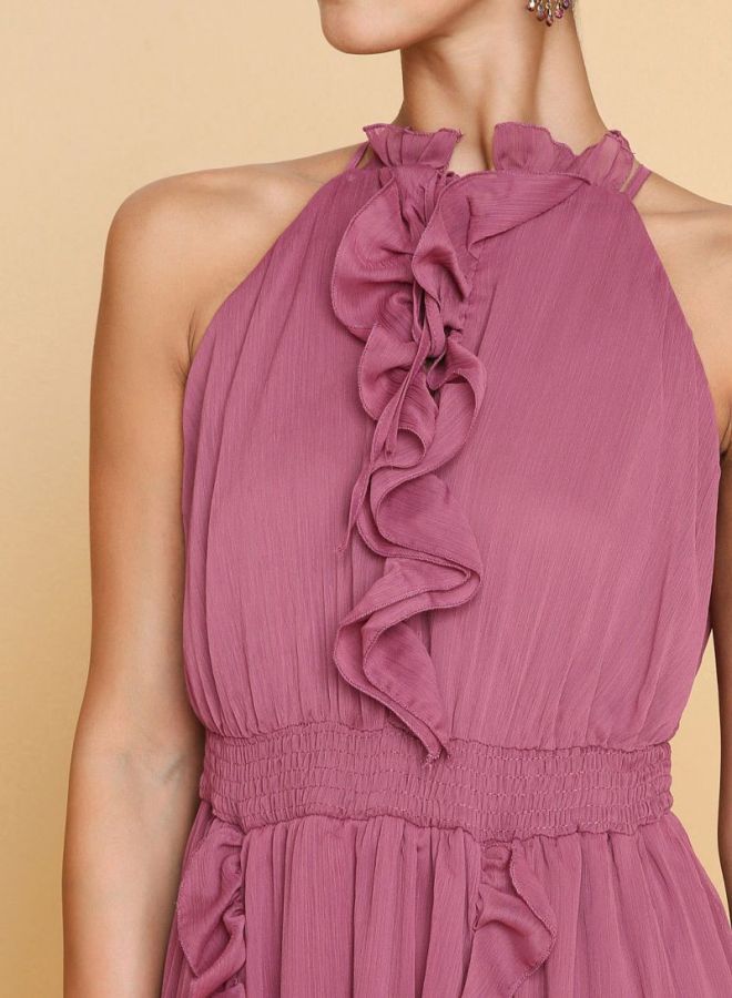 أريا فستان مصنوع من البوليستر بتفاصيل مكشكشة وردي - Image 4