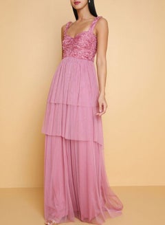 ARIA Floral Applique Tulle Dress Pink  - Image 3