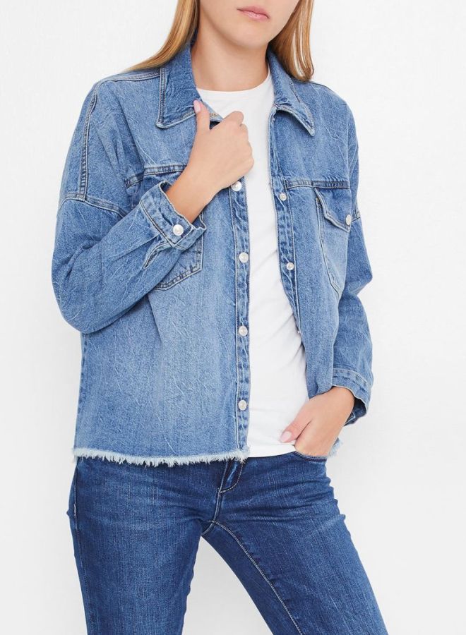High Streets Frayed Hem Denim Jacket Blue  - Image 1