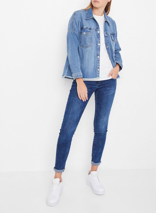 High Streets Frayed Hem Denim Jacket Blue  - Image 3