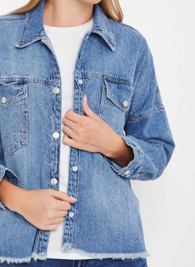 High Streets Frayed Hem Denim Jacket Blue  - Image 4