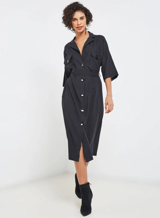 High Streets Button Down Midi Dress Black