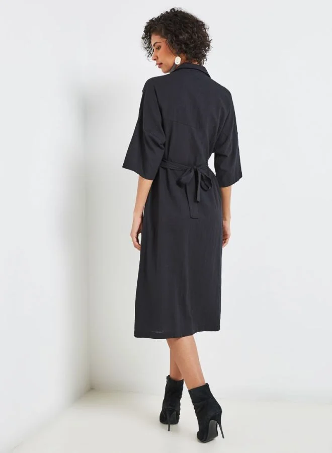 High Streets Button Down Midi Dress Black