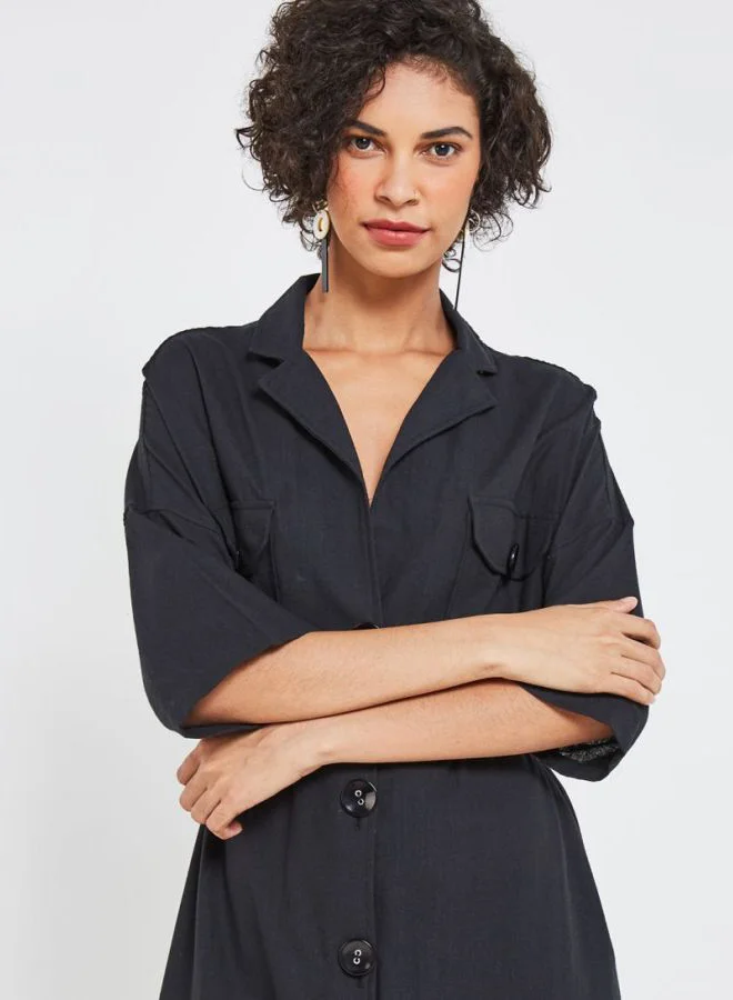 High Streets Button Down Midi Dress Black
