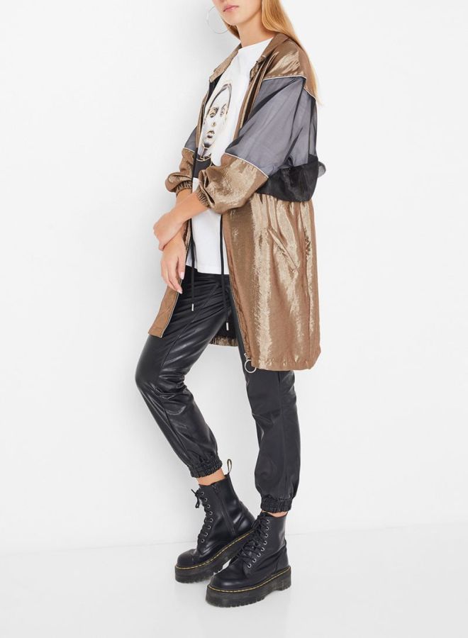 High Streets - Organza Paneled Longline Jacket Black/Brown - Image 1