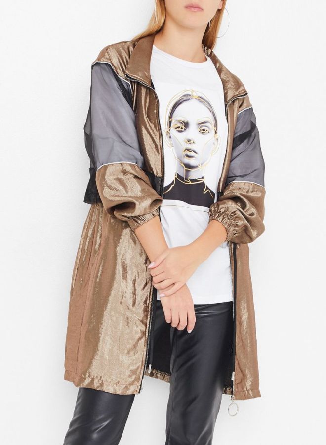 High Streets - Organza Paneled Longline Jacket Black/Brown - Image 1