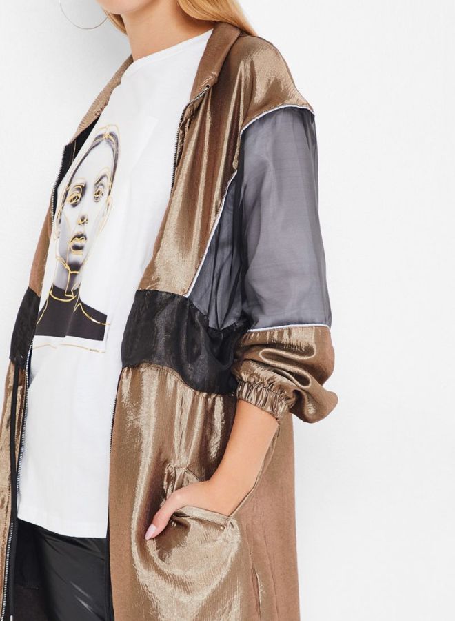 High Streets - Organza Paneled Longline Jacket Black/Brown - Image 1