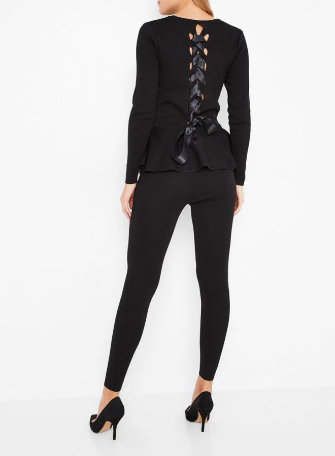 High Streets Lattice Back Peplum Top And Legging Set Black  - Image 2