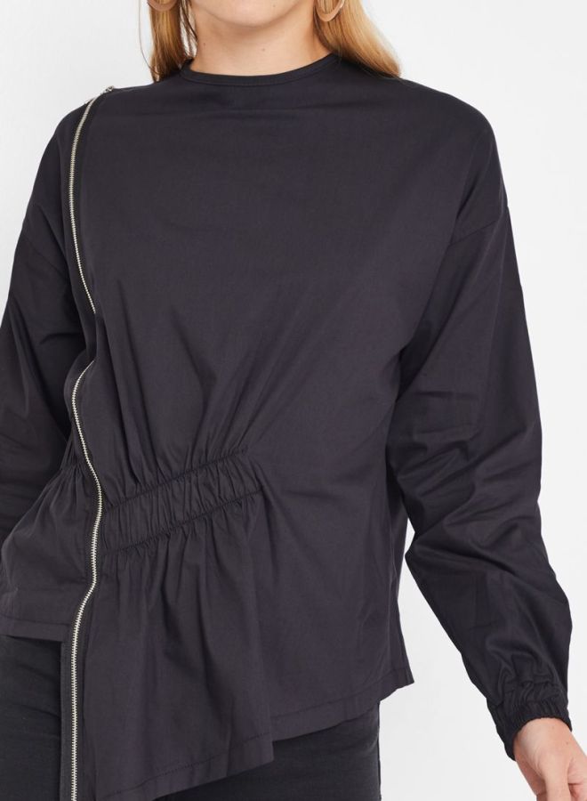 High Streets Zip Detail Asymmetric Ruched Top Black  - Image 4